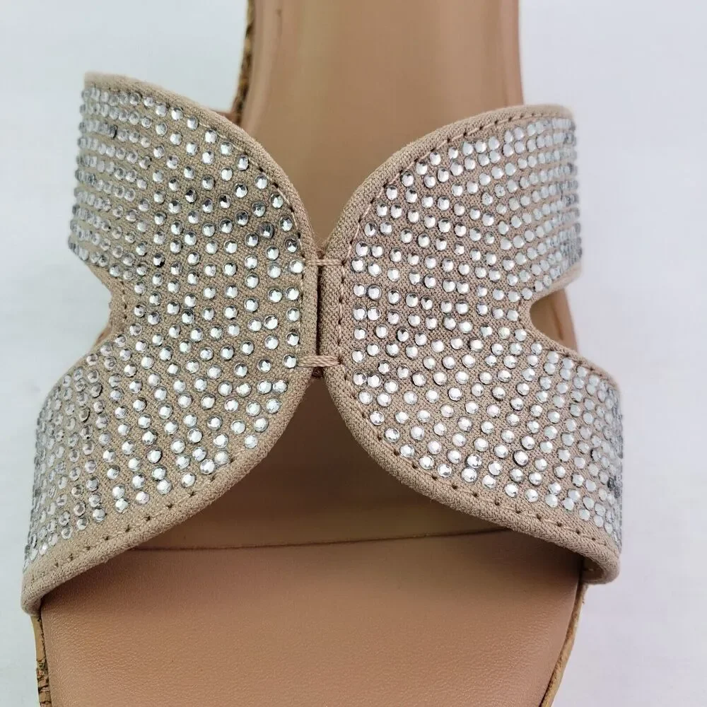 Material Girl Bretta Womens Size 9.5 Nude Bling Open Toe Cork Wedge Sandal Shoes